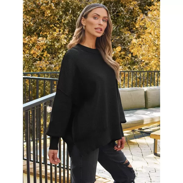 LILLUSORY Womens Crewneck Batwing Long Sleeve Sweaters 2023 Fall Oversized Ribbed Knit Side Slit Pullover TopsBlack