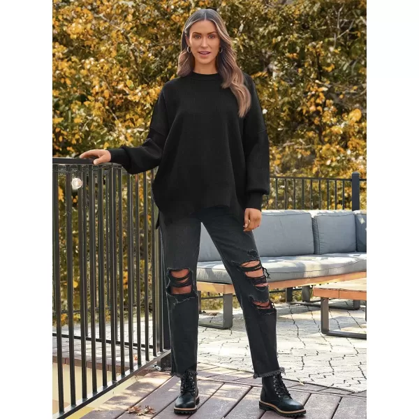 LILLUSORY Womens Crewneck Batwing Long Sleeve Sweaters 2023 Fall Oversized Ribbed Knit Side Slit Pullover TopsBlack