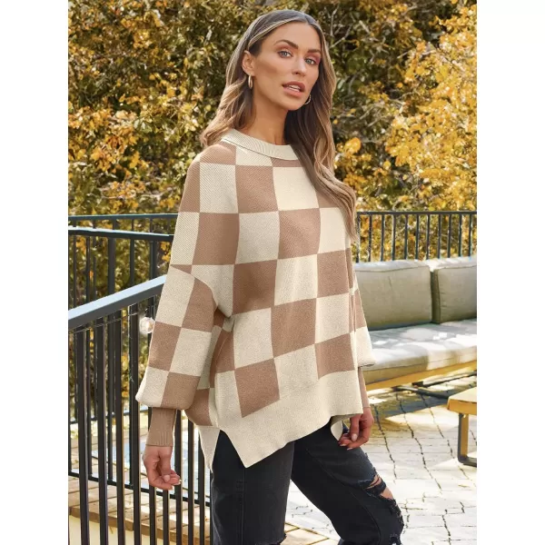 LILLUSORY Womens Crewneck Batwing Long Sleeve Sweaters 2023 Fall Oversized Ribbed Knit Side Slit Pullover TopsCheckered Apricot