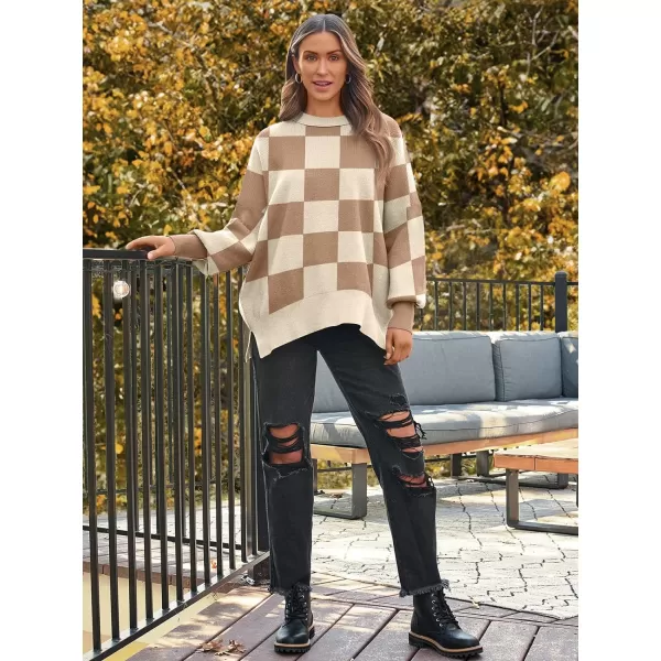 LILLUSORY Womens Crewneck Batwing Long Sleeve Sweaters 2023 Fall Oversized Ribbed Knit Side Slit Pullover TopsCheckered Apricot