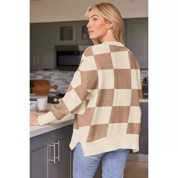 LILLUSORY Womens Crewneck Batwing Long Sleeve Sweaters 2023 Fall Oversized Ribbed Knit Side Slit Pullover TopsCheckered Apricot