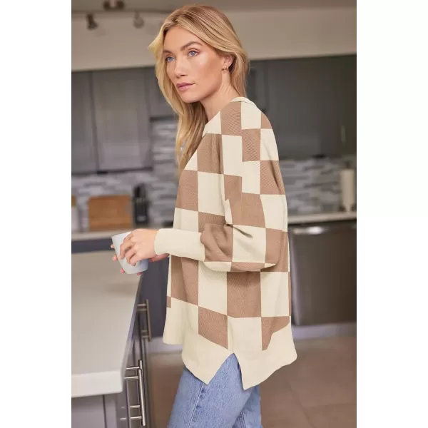 LILLUSORY Womens Crewneck Batwing Long Sleeve Sweaters 2023 Fall Oversized Ribbed Knit Side Slit Pullover TopsCheckered Apricot