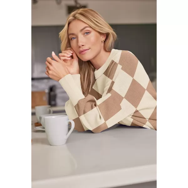 LILLUSORY Womens Crewneck Batwing Long Sleeve Sweaters 2023 Fall Oversized Ribbed Knit Side Slit Pullover TopsCheckered Apricot