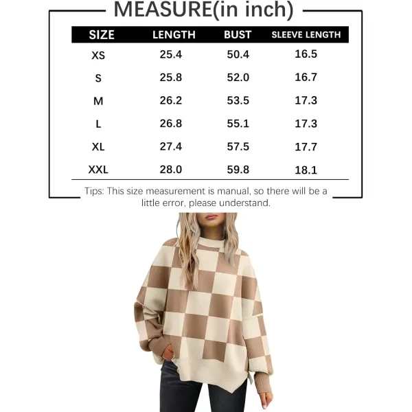 LILLUSORY Womens Crewneck Batwing Long Sleeve Sweaters 2023 Fall Oversized Ribbed Knit Side Slit Pullover TopsCheckered Apricot