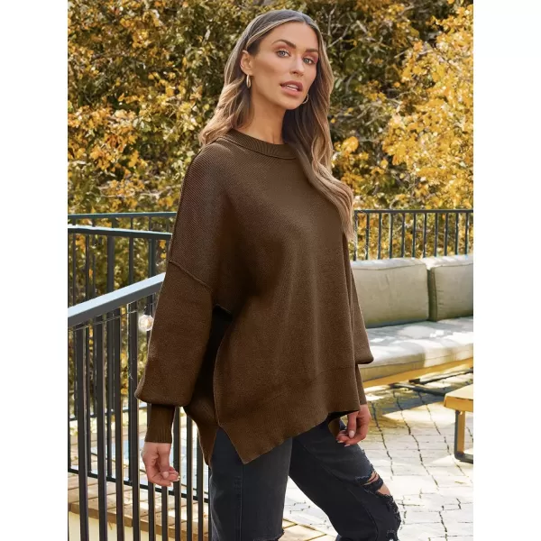 LILLUSORY Womens Crewneck Batwing Long Sleeve Sweaters 2023 Fall Oversized Ribbed Knit Side Slit Pullover TopsLight Coffee
