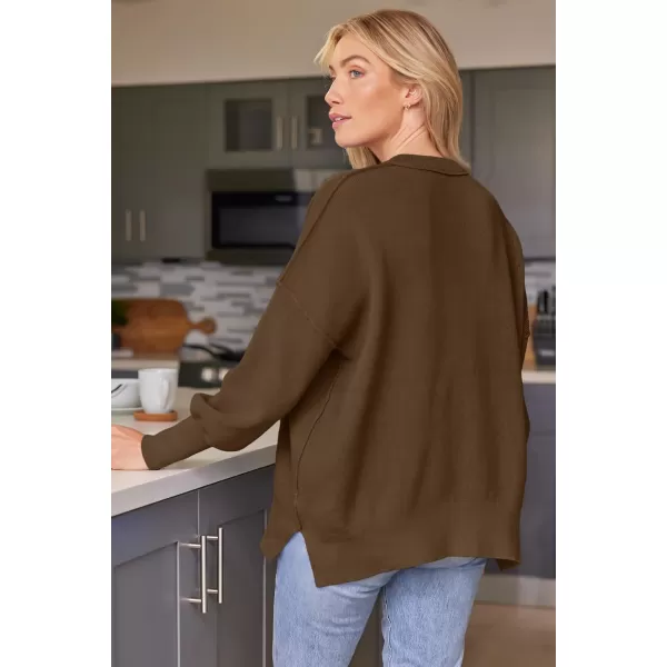 LILLUSORY Womens Crewneck Batwing Long Sleeve Sweaters 2023 Fall Oversized Ribbed Knit Side Slit Pullover TopsLight Coffee