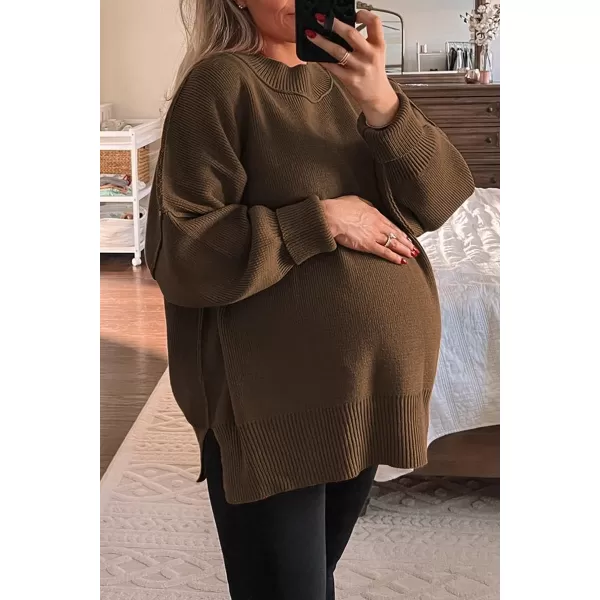 LILLUSORY Womens Crewneck Batwing Long Sleeve Sweaters 2023 Fall Oversized Ribbed Knit Side Slit Pullover TopsLight Coffee
