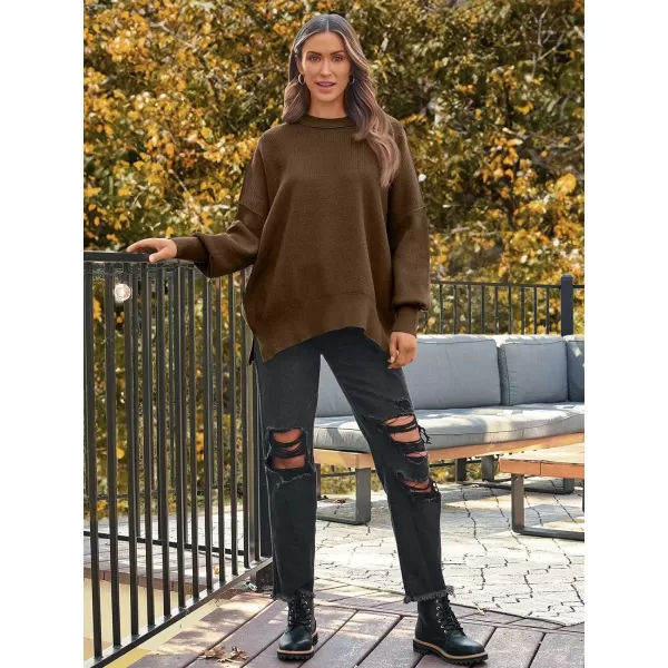LILLUSORY Womens Crewneck Batwing Long Sleeve Sweaters 2023 Fall Oversized Ribbed Knit Side Slit Pullover TopsLight Coffee