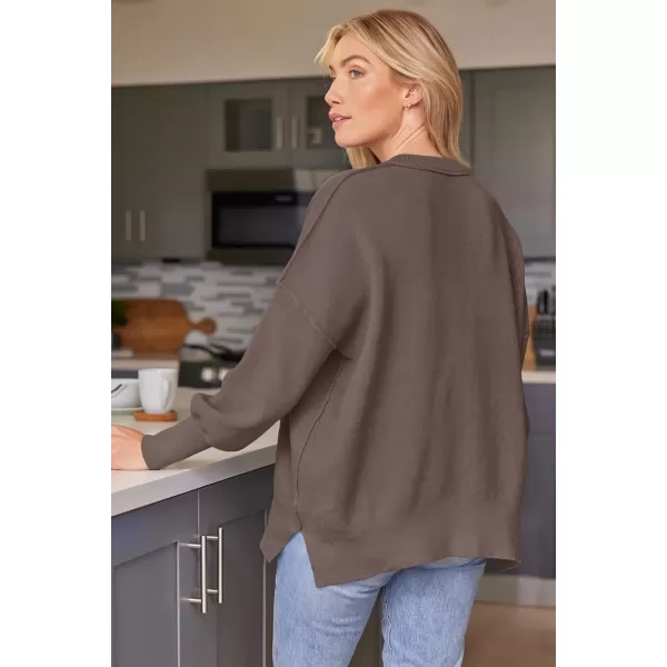 LILLUSORY Womens Crewneck Batwing Long Sleeve Sweaters 2023 Fall Oversized Ribbed Knit Side Slit Pullover TopsNutmeg