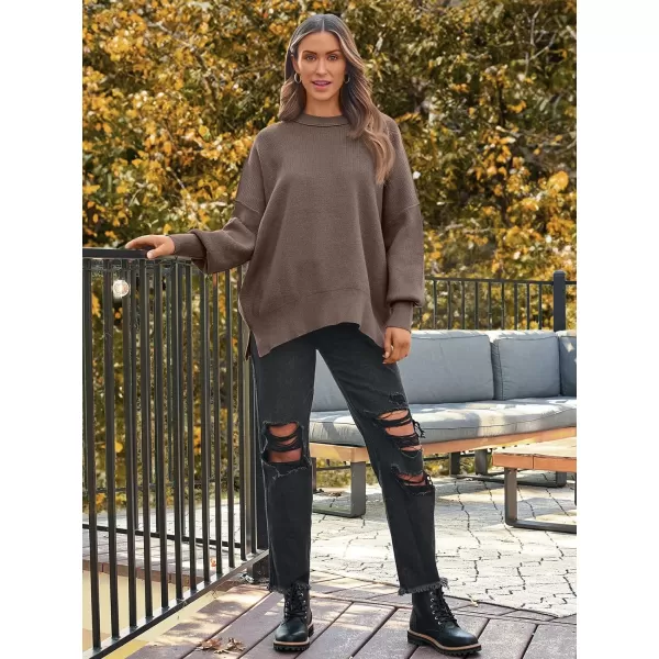 LILLUSORY Womens Crewneck Batwing Long Sleeve Sweaters 2023 Fall Oversized Ribbed Knit Side Slit Pullover TopsNutmeg