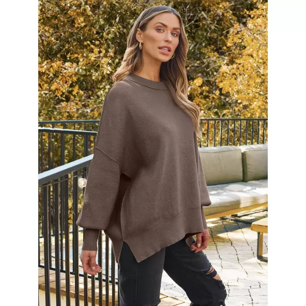 LILLUSORY Womens Crewneck Batwing Long Sleeve Sweaters 2023 Fall Oversized Ribbed Knit Side Slit Pullover TopsNutmeg