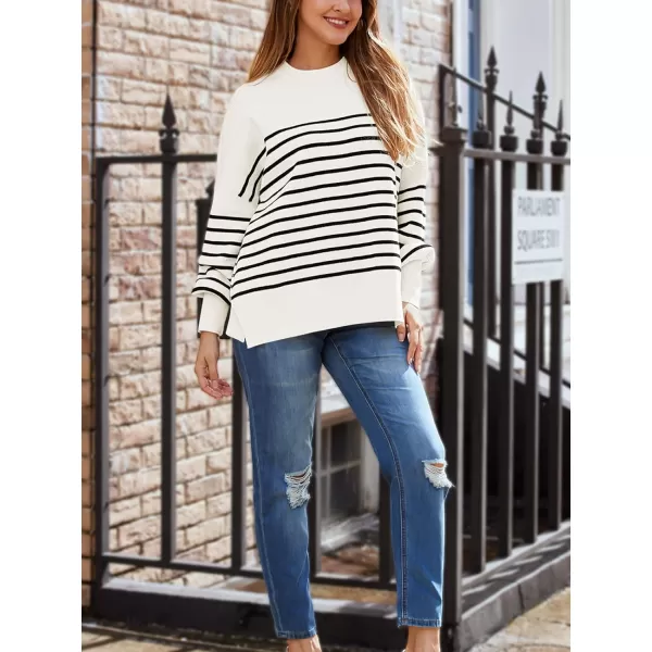 LILLUSORY Womens Crewneck Batwing Long Sleeve Sweaters 2023 Fall Oversized Ribbed Knit Side Slit Pullover TopsStripe White