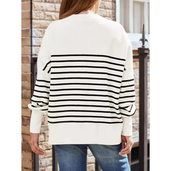 LILLUSORY Womens Crewneck Batwing Long Sleeve Sweaters 2023 Fall Oversized Ribbed Knit Side Slit Pullover TopsStripe White