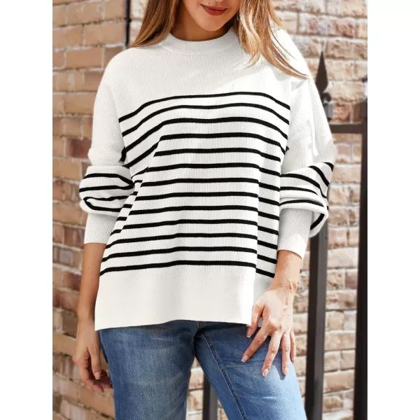 LILLUSORY Womens Crewneck Batwing Long Sleeve Sweaters 2023 Fall Oversized Ribbed Knit Side Slit Pullover TopsStripe White