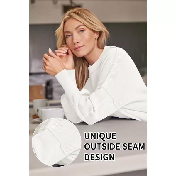LILLUSORY Womens Crewneck Batwing Long Sleeve Sweaters 2023 Fall Oversized Ribbed Knit Side Slit Pullover TopsWhite