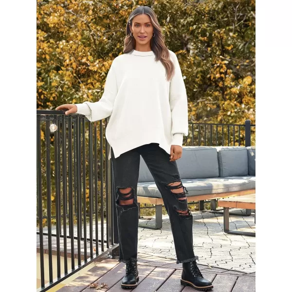 LILLUSORY Womens Crewneck Batwing Long Sleeve Sweaters 2023 Fall Oversized Ribbed Knit Side Slit Pullover TopsWhite