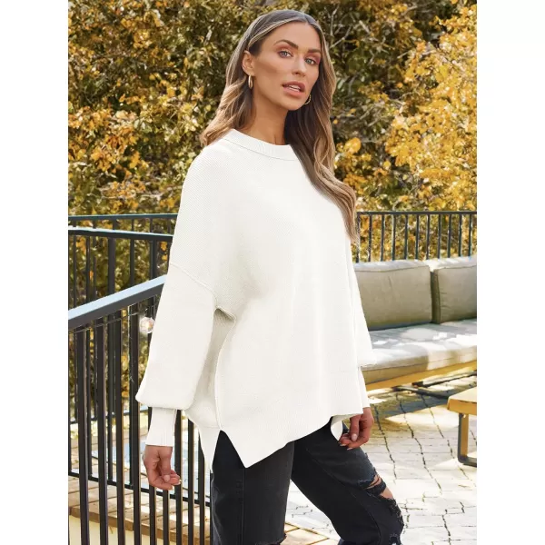 LILLUSORY Womens Crewneck Batwing Long Sleeve Sweaters 2023 Fall Oversized Ribbed Knit Side Slit Pullover TopsWhite