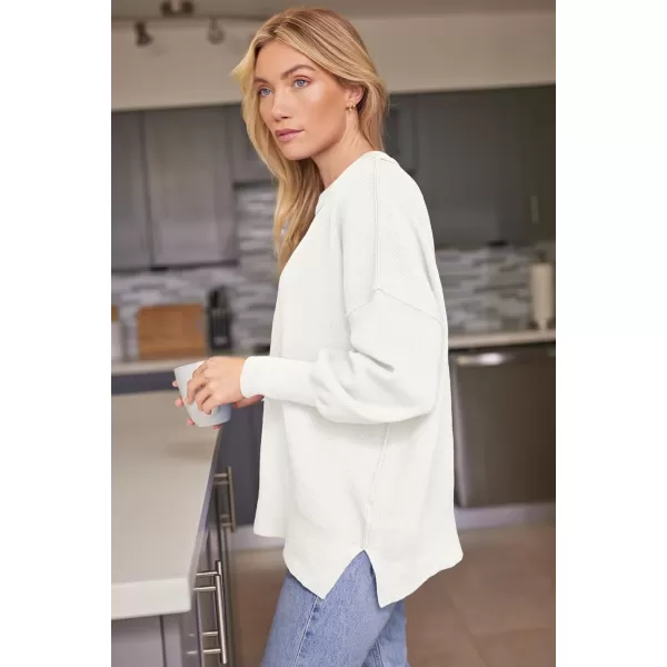 LILLUSORY Womens Crewneck Batwing Long Sleeve Sweaters 2023 Fall Oversized Ribbed Knit Side Slit Pullover TopsWhite