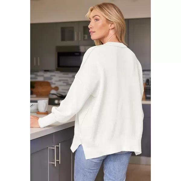 LILLUSORY Womens Crewneck Batwing Long Sleeve Sweaters 2023 Fall Oversized Ribbed Knit Side Slit Pullover TopsWhite