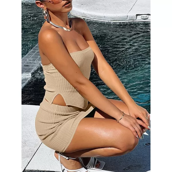 LILLUSORY Womens Two Piece Outfits Summer Matching Sets Crop Tops and Bodycon SkirtBeige