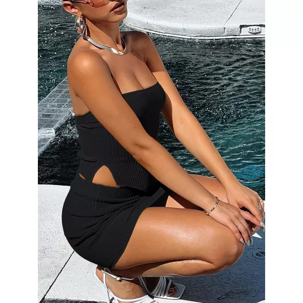 LILLUSORY Womens Two Piece Outfits Summer Matching Sets Crop Tops and Bodycon SkirtBlack