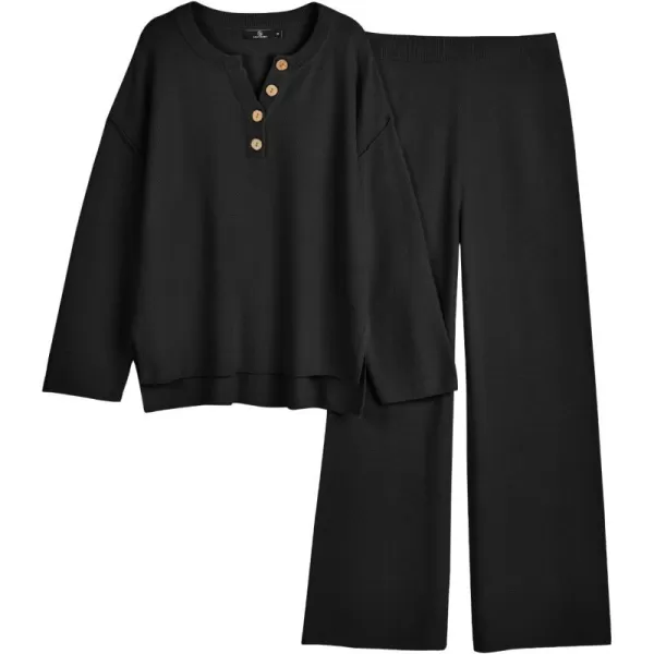 LILLUSORY Womens 2 Piece Lounge Sets Oversized Slouchy Matching Sets Cozy Knit SetsBlack