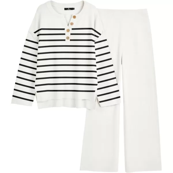 LILLUSORY Womens 2 Piece Lounge Sets Oversized Slouchy Matching Sets Cozy Knit SetsStripes White