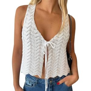 imageLILLUSORY Crochet Tops for Women Summer Vacation Outfits Beach Coverup Going Out Tie Front Spring Sweater Vest 2025 FashionBeige
