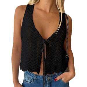 imageLILLUSORY Crochet Tops for Women Summer Vacation Outfits Beach Coverup Going Out Tie Front Spring Sweater Vest 2025 FashionBlack