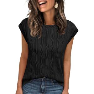 imageLILLUSORY Dressy Casual Blouses for Women 2025 Summer Trendy Tops Cap Short Sleeve TShirts Cute Shirt Work Clothes SpringBlack