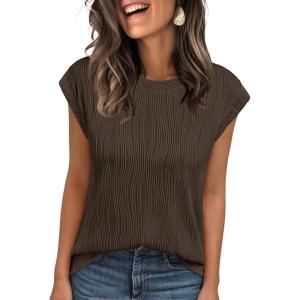imageLILLUSORY Dressy Casual Blouses for Women 2025 Summer Trendy Tops Cap Short Sleeve TShirts Cute Shirt Work Clothes SpringCoffee