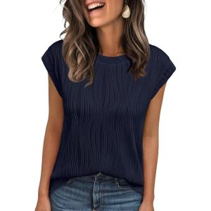 imageLILLUSORY Dressy Casual Blouses for Women 2025 Summer Trendy Tops Cap Short Sleeve TShirts Cute Shirt Work Clothes SpringNavy