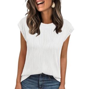 imageLILLUSORY Dressy Casual Blouses for Women 2025 Summer Trendy Tops Cap Short Sleeve TShirts Cute Shirt Work Clothes SpringWhite