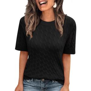 imageLILLUSORY Short Sleeve Sweater for Women Summer Business Casual Dressy Outfits Work Tops Lightweight Spring Blouses 2025Black
