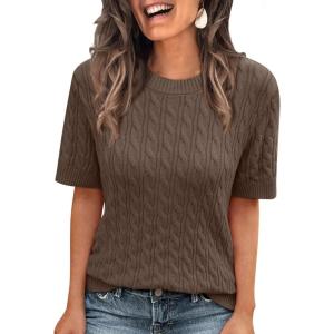 imageLILLUSORY Short Sleeve Sweater for Women Summer Business Casual Dressy Outfits Work Tops Lightweight Spring Blouses 2025Nutmeg