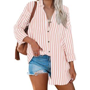 imageLILLUSORY Striped Button Down Shirts for Women 2025 Summer Long Sleeve Tops Work Blouses Vacation Outfits Spring Clothes StripedPink M