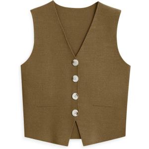 imageLILLUSORY Sweater Vest Women Dressy Button Up Sweater Tank Tops 2025 Knit Work Business Casual OutfitsCamel