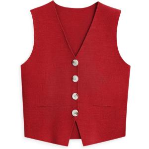 imageLILLUSORY Sweater Vest Women Dressy Button Up Sweater Tank Tops 2025 Knit Work Business Casual OutfitsRed