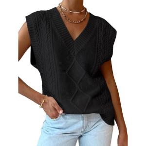 imageLILLUSORY Sweater Vest Women Trendy Cable Knit Cap Sleeve Tops 2025 V Neck Cotton Oversized Business Casual OutfitsBlack