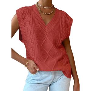 imageLILLUSORY Sweater Vest Women Trendy Cable Knit Cap Sleeve Tops 2025 V Neck Cotton Oversized Business Casual OutfitsOrange
