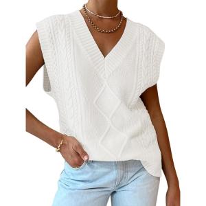 imageLILLUSORY Sweater Vest Women Trendy Cable Knit Cap Sleeve Tops 2025 V Neck Cotton Oversized Business Casual OutfitsWhite