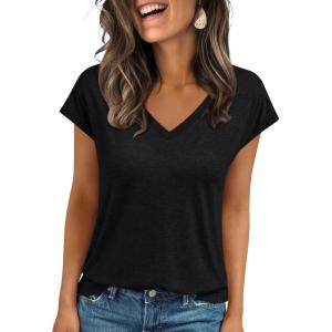 imageLILLUSORY V Neck T Shirts for Women Cap Sleeve Business Casual Tops Summer Cute Beach Vacation Clothes Basics TeesBlack