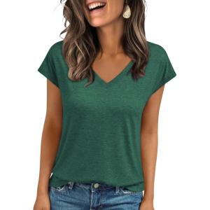 imageLILLUSORY V Neck T Shirts for Women Cap Sleeve Business Casual Tops Summer Cute Beach Vacation Clothes Basics TeesGreen