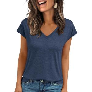 imageLILLUSORY V Neck T Shirts for Women Cap Sleeve Business Casual Tops Summer Cute Beach Vacation Clothes Basics TeesNavy