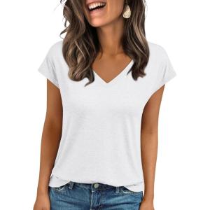 imageLILLUSORY V Neck T Shirts for Women Cap Sleeve Business Casual Tops Summer Cute Beach Vacation Clothes Basics TeesWhite