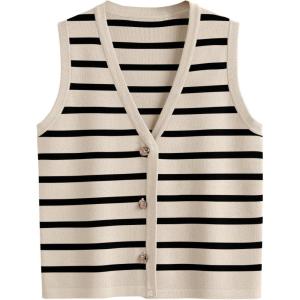 imageLILLUSORY Vest Tops for Women 2025 Fall Outfits Striped Sweaters Button Up Casual Shirts Blouses Jacket Fashion ClothesApricotblack