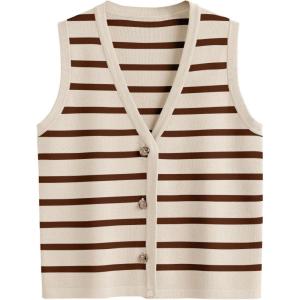 imageLILLUSORY Vest Tops for Women 2025 Fall Outfits Striped Sweaters Button Up Casual Shirts Blouses Jacket Fashion ClothesApricotcoffee