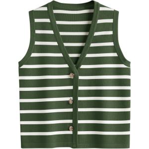 imageLILLUSORY Vest Tops for Women 2025 Fall Outfits Striped Sweaters Button Up Casual Shirts Blouses Jacket Fashion ClothesArmygreenwhite