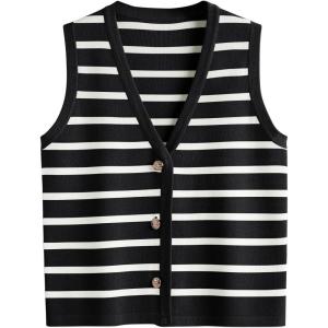 imageLILLUSORY Vest Tops for Women 2025 Fall Outfits Striped Sweaters Button Up Casual Shirts Blouses Jacket Fashion ClothesBlackwhite