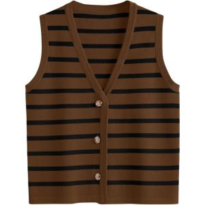 imageLILLUSORY Vest Tops for Women 2025 Fall Outfits Striped Sweaters Button Up Casual Shirts Blouses Jacket Fashion ClothesCaramelblack